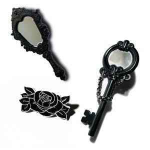 Goth Pack black white rose flower key hand mirrorenamel pin